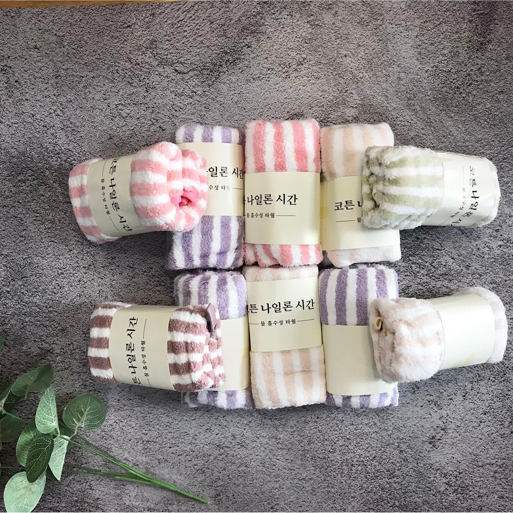 Combo 10 Chiếc Khăn Mặt Lông Cừu Hàn Quốc 50x35cm Siêu Thấm Hút Loại Có Dòng Kẻ - Khăn Xuất Hàn - COMBO 10 - combo 10 khăn có kẻ
