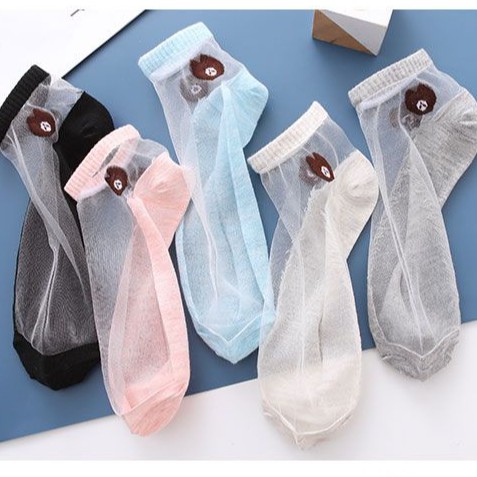 Set 10 Đôi Tất Gấu Ren Kính Cho Bạn Nữ Siêu Hot - Loại Ren Kính - Tất Kính Trong Suốt - Set Trộn Màu