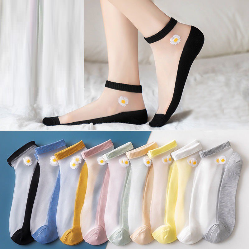 Set 10 Đôi Tất Hoa Cúc Ren Kính Cho Bạn Nữ Siêu Hot Kèm Túi Rút Hoa Cúc Loại Ren Kính - Tất Kính Trong Suốt Hoa Cúc - set trộn màu