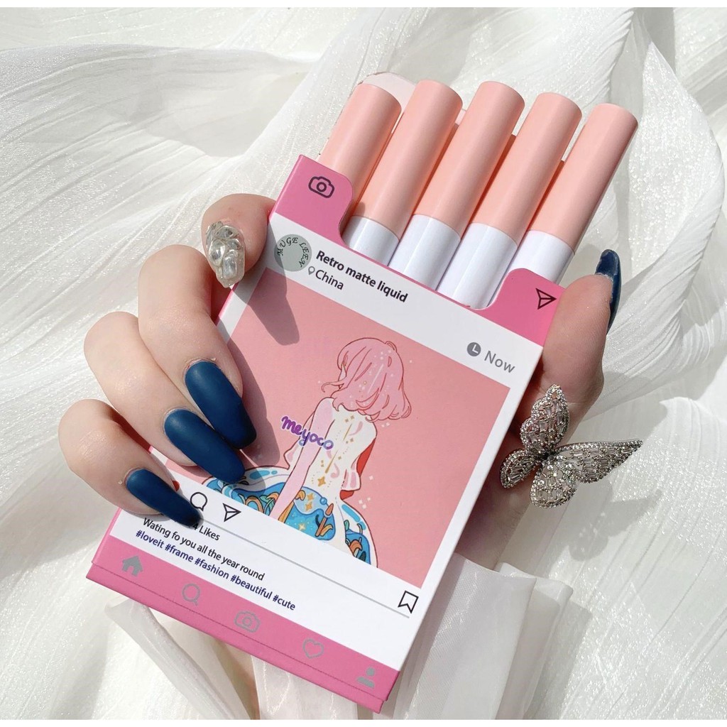 Set Son 5 Cây Muge Leen Cô Gái Meyoco Retro Matte Liquid Vỏ Hồng - set son hộp vỏ hồng
