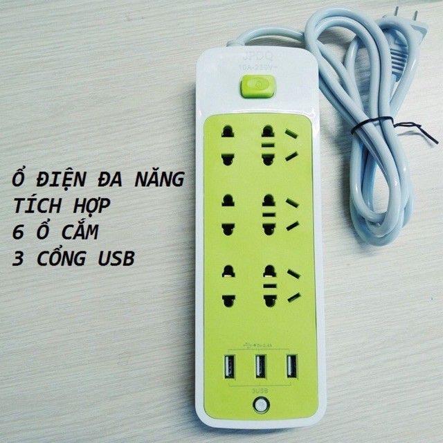 Ổ Điện Đa Năng 9 Cổng - Tích Hợp 3 Cổng Sạc Điện Thoại - Ổ Cắm Truyền 2m An Toàn Công Suất 4kW, Có Thể Cắm Được Ổ 3 Chân - Ổ Điện Đa Năng