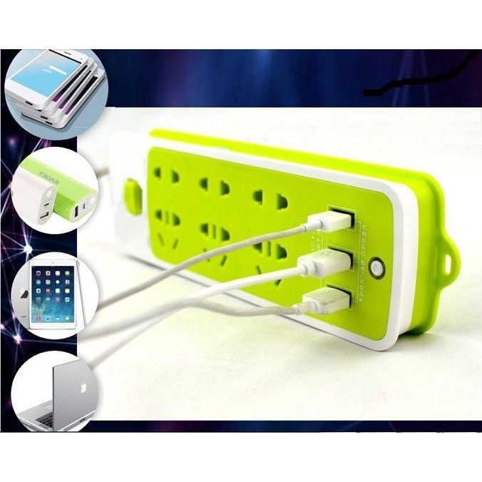 Ổ Điện Đa Năng 9 Cổng - Tích Hợp 3 Cổng Sạc Điện Thoại - Ổ Cắm Truyền 2m An Toàn Công Suất 4kW, Có Thể Cắm Được Ổ 3 Chân - Ổ Điện Đa Năng