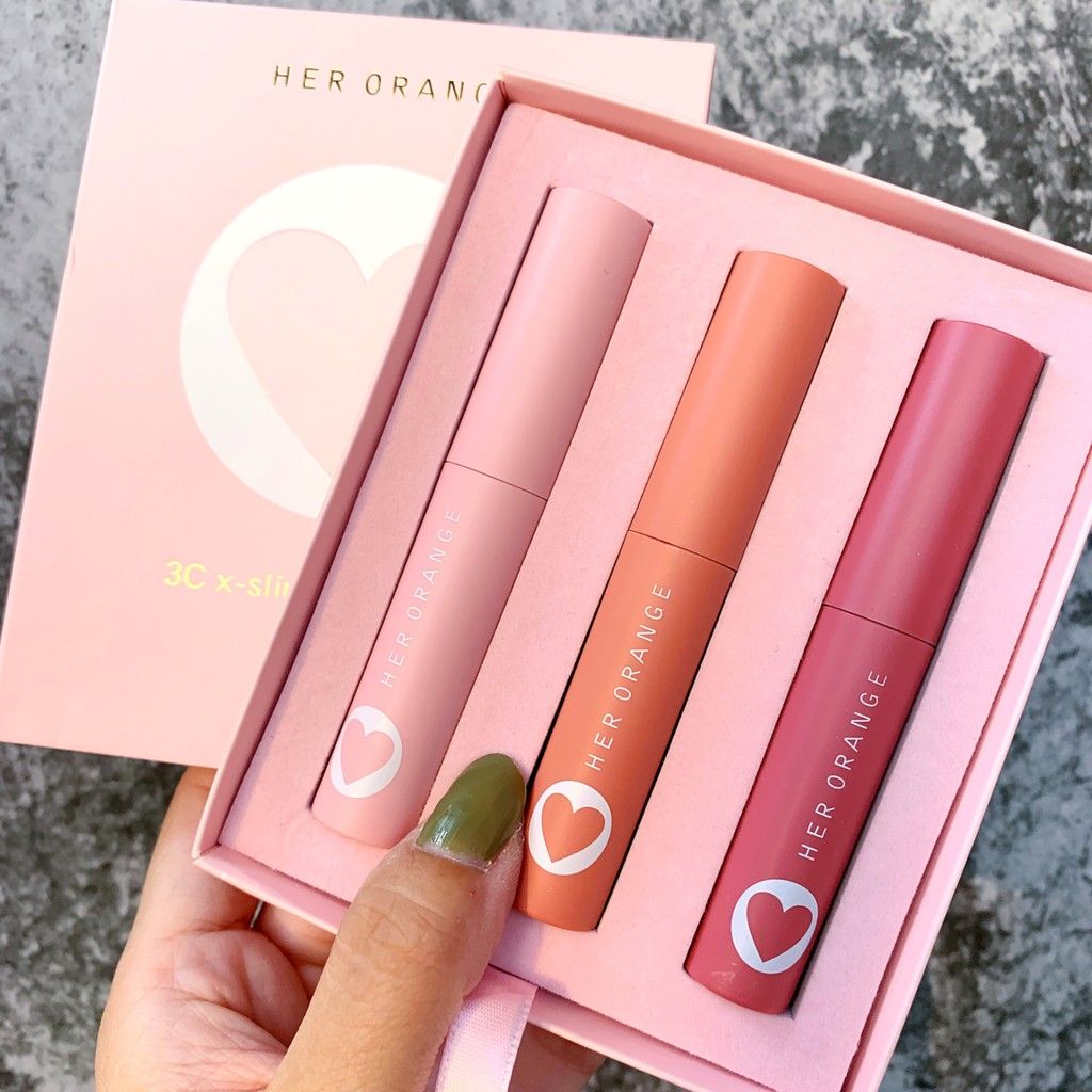 Set 3 Son Kem Lì HER ORANGE HỘP TRÁI TIM HỒNG SIÊU CUTE SANG CHẢNH - Set 3 Her Orange