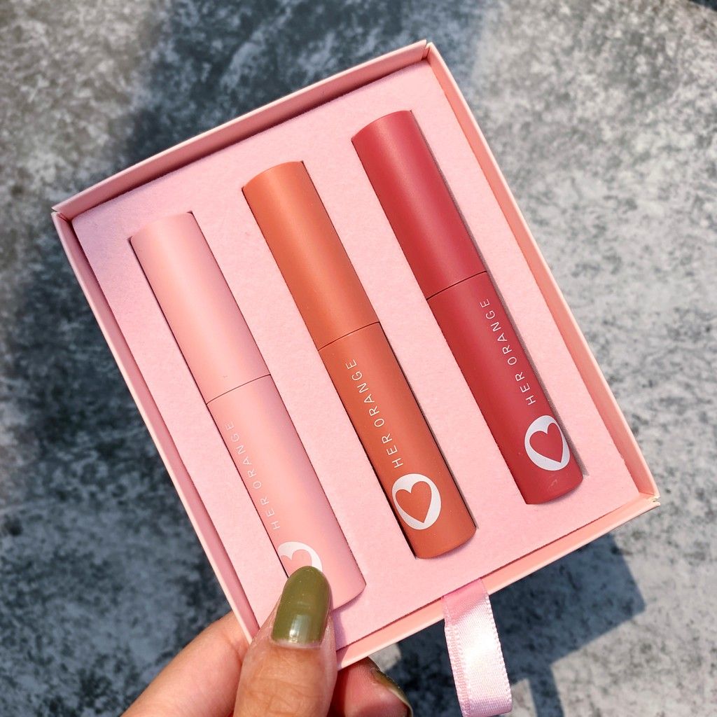 Set 3 Son Kem Lì HER ORANGE HỘP TRÁI TIM HỒNG SIÊU CUTE SANG CHẢNH - Set 3 Her Orange