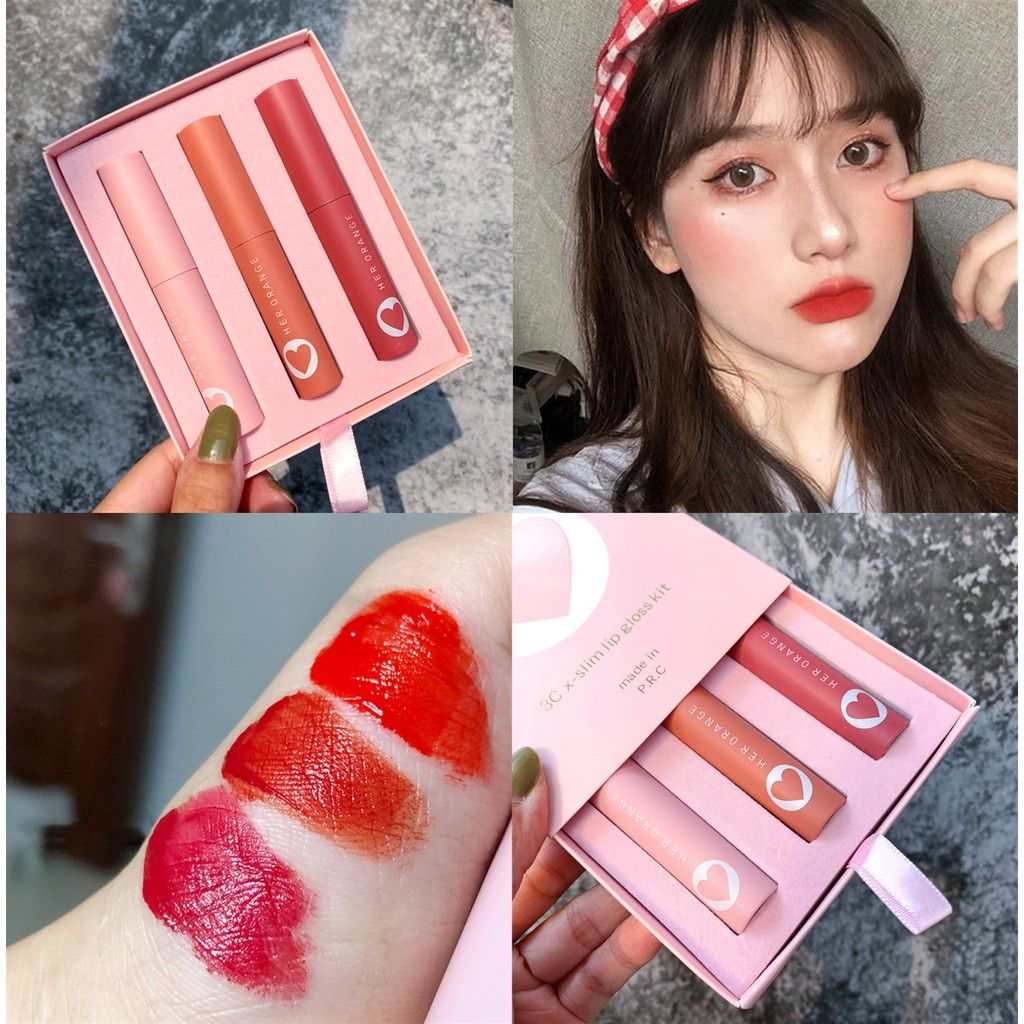 Set 3 Son Kem Lì HER ORANGE HỘP TRÁI TIM HỒNG SIÊU CUTE SANG CHẢNH - Set 3 Her Orange