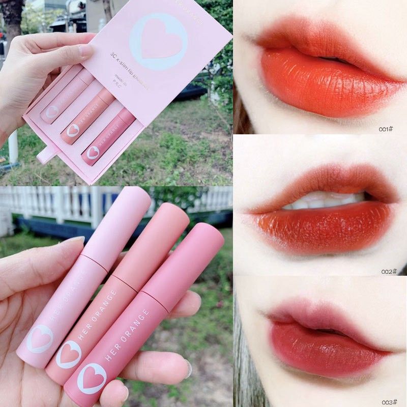 Set 3 Son Kem Lì HER ORANGE HỘP TRÁI TIM HỒNG SIÊU CUTE SANG CHẢNH - Set 3 Her Orange