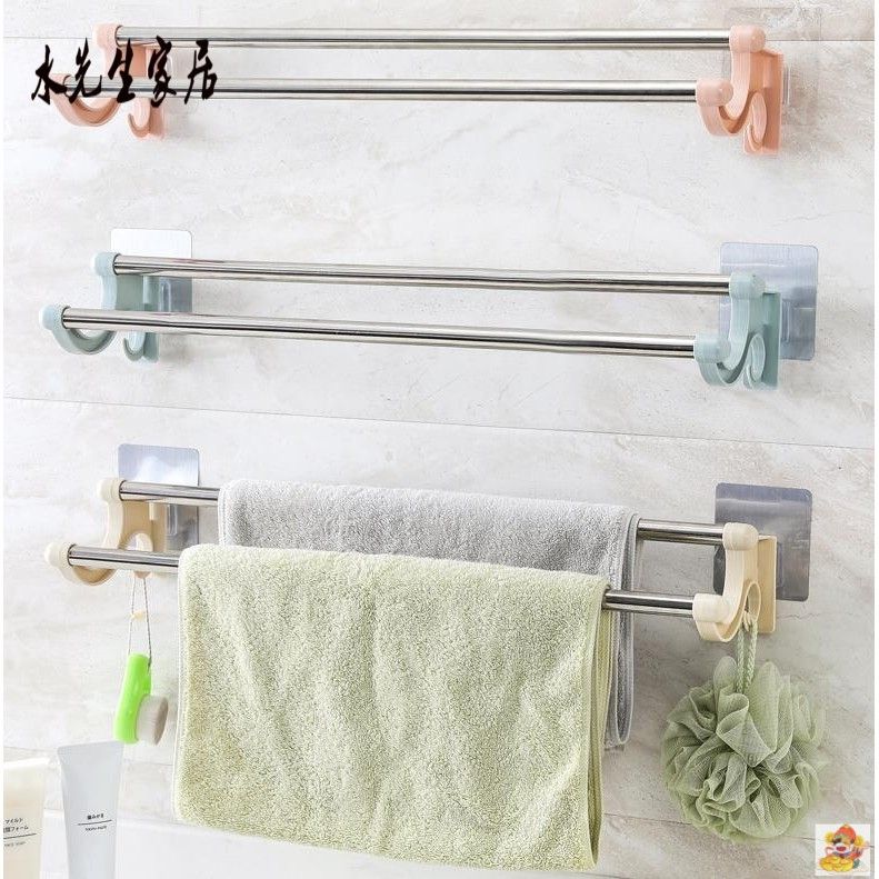 Thanh Đôi Dán Tường Nhà Tắm Phơi Khăn Treo Đồ Có Móc Tiện Ích Đa Năng (Thanh Phơi Khăn Đôi/Giá Phơi Khăn Dán Tường) - Sỉ Màu Ngẫu Nhiên