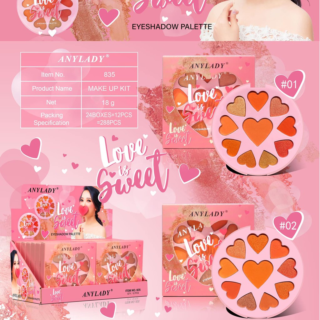 Bảng Phấn Mắt Kèm Phấn Má Và Phấn Nền Nhũ 10 Ô Trái Tim Love&Sweet ANYLADY Mã 835 - ANYLADY 835