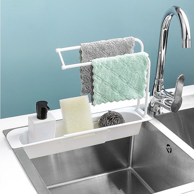 Kệ Rút Để Miếng Rửa Chén Có Giá Phơi Khăn - Khay Cài Bồn Rửa Bát Kéo Dài Tiện Dụng - Kệ Có Giá Phơi Khăn