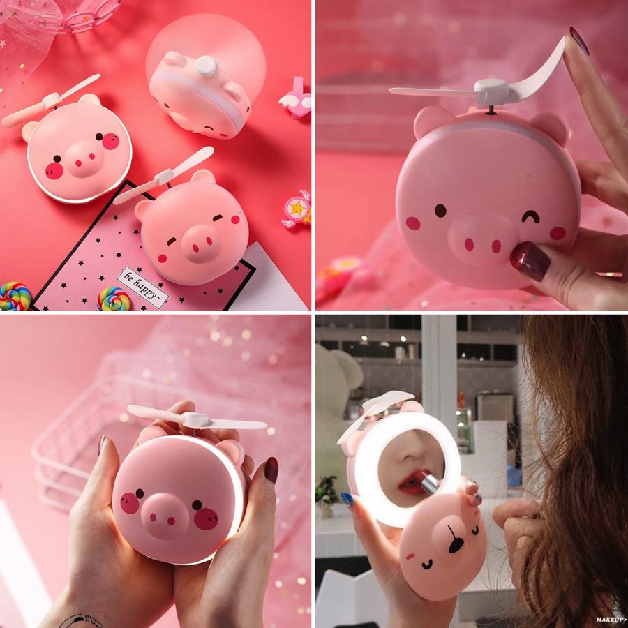 Quạt Heo Có Đèn Kèm Gương Soi Siêu Cute Tiện Dụng ( Có Sạc Đi Kèm ) - Quạt Heo Kèm Gương