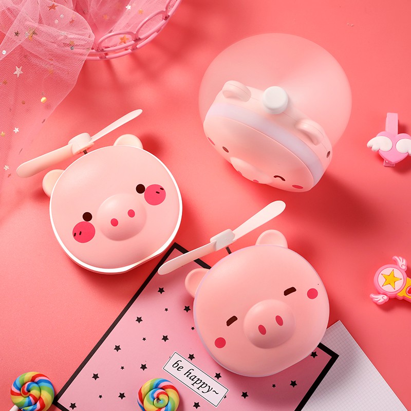 Quạt Heo Có Đèn Kèm Gương Soi Siêu Cute Tiện Dụng ( Có Sạc Đi Kèm ) - Quạt Heo Kèm Gương