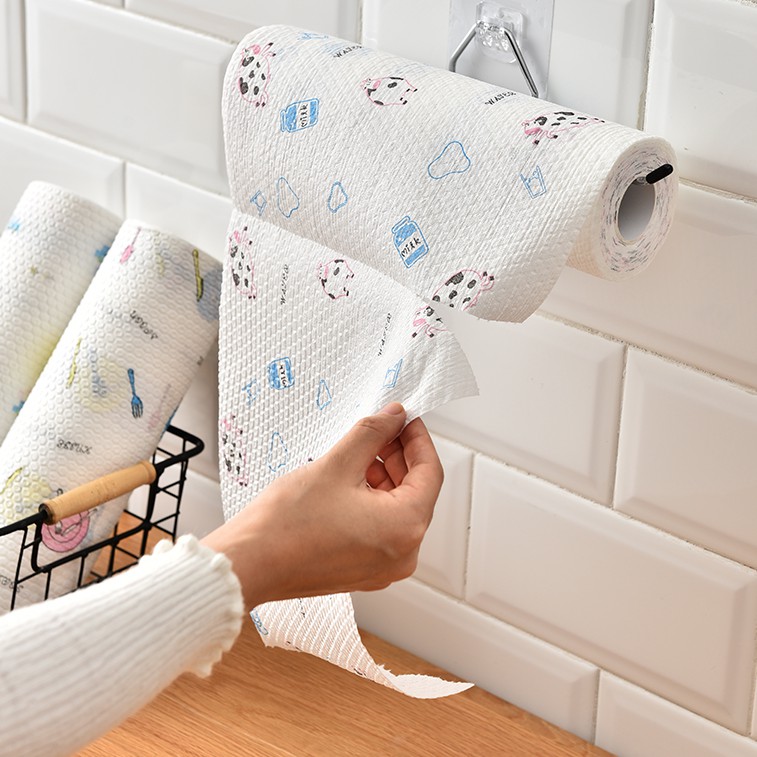 Cuộn 50 Khăn Vải Không Dệt Siêu Thấm Có Họa Tiết Hoạt Hình - Khăn Có Thể Giặt Và Tái Sử Dụng - Màu Trắng Họa Tiết