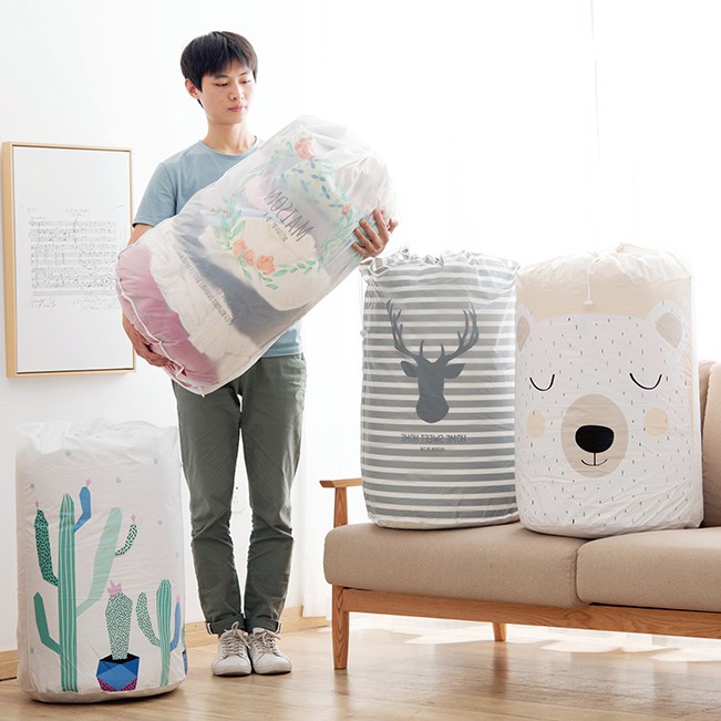 Túi Đựng Chăn Màn Quần Áo Hình Trụ Tròn Có Dây Rút Họa Tiết Cute - Túi Quần Áo Trụ Tròn