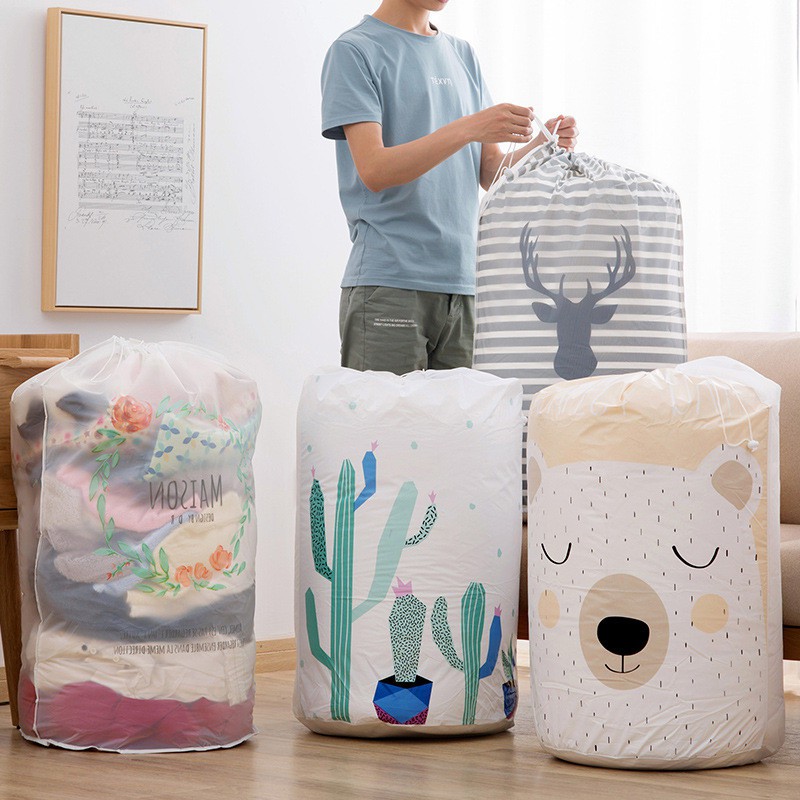 Túi Đựng Chăn Màn Quần Áo Hình Trụ Tròn Có Dây Rút Họa Tiết Cute - Túi Quần Áo Trụ Tròn