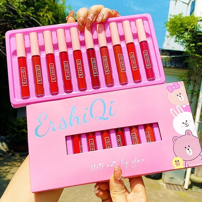Set 10 Son Kem Lì ErShiQi Gấu Vịt Matte Matte Lip Glaze Cute Siêu Hot Siêu Rẻ Vị Hoa Quả - Set 10 Son ErSHIQI