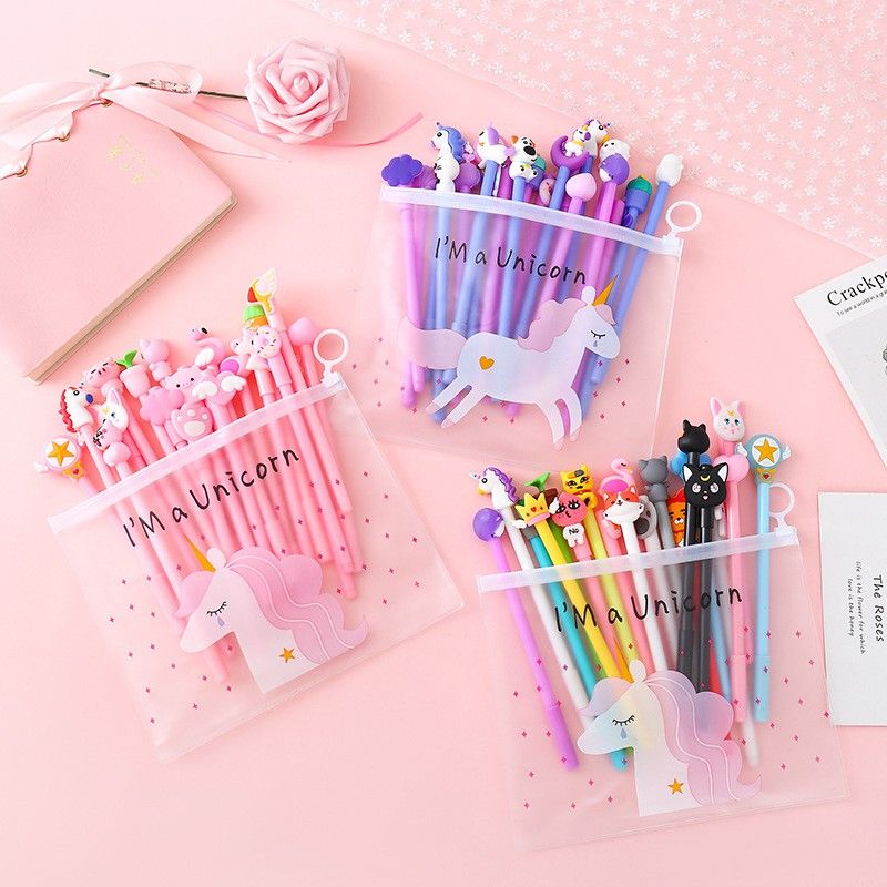 Set 20 Bút Bi Mực Nước Cute Ngòi 0.5mm Tặng Kèm Túi Zip - Set 20 Bút + Túi Zip