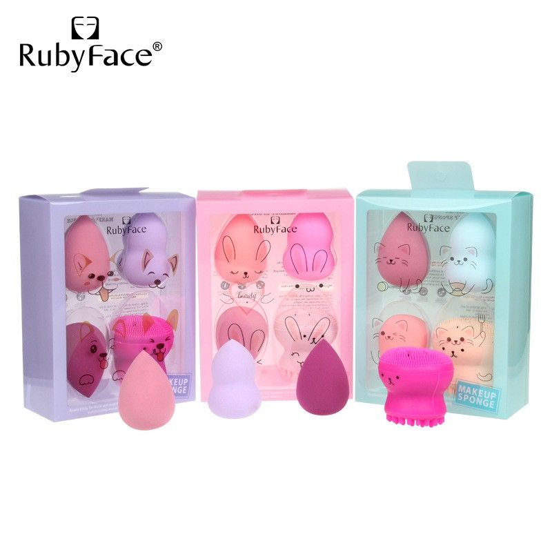 Set 3 Mút Trang Điểm Kèm Cọ Rửa Mặt Bạch Tuộc Hộp Vuông Cute