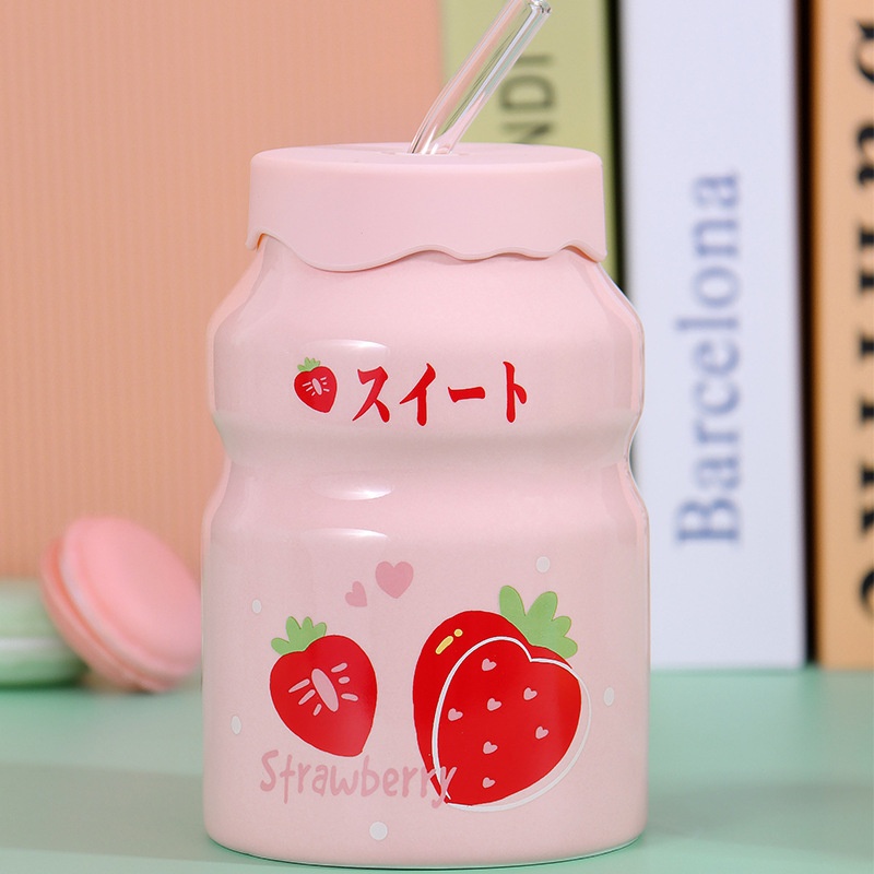 Cốc Sứ Cute 400ml Kèm Ống Hút Thủy Tinh