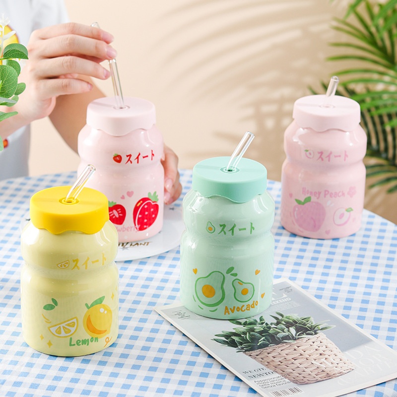 Cốc Sứ Cute 400ml Kèm Ống Hút Thủy Tinh