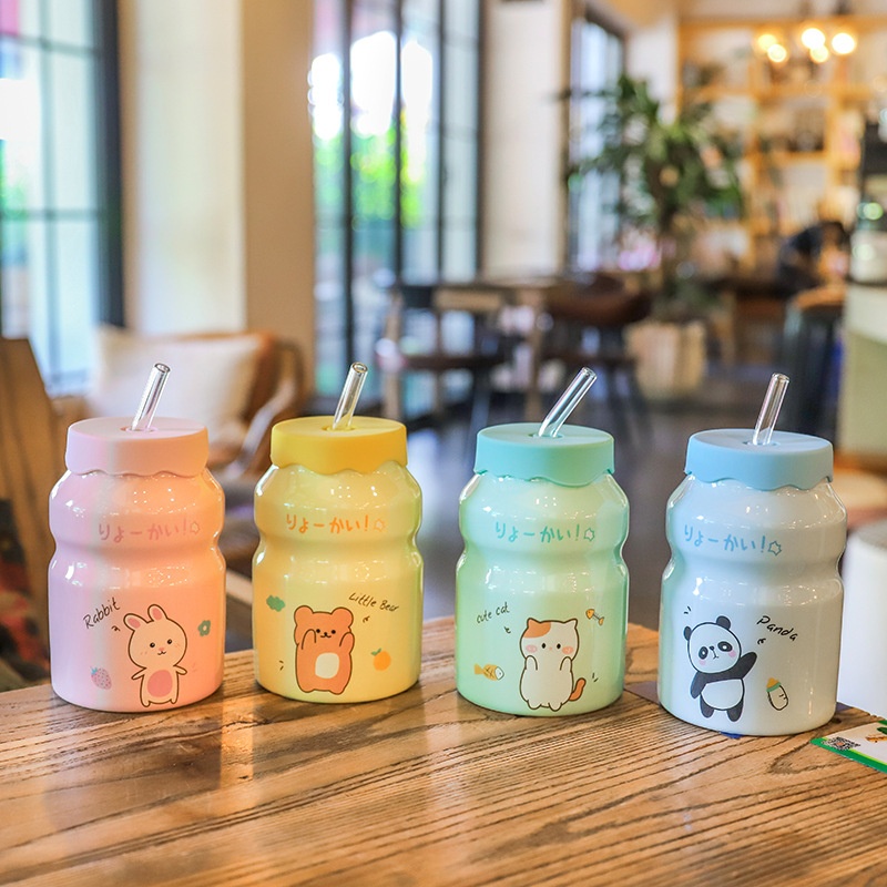 Cốc Sứ Cute 400ml Kèm Ống Hút Thủy Tinh