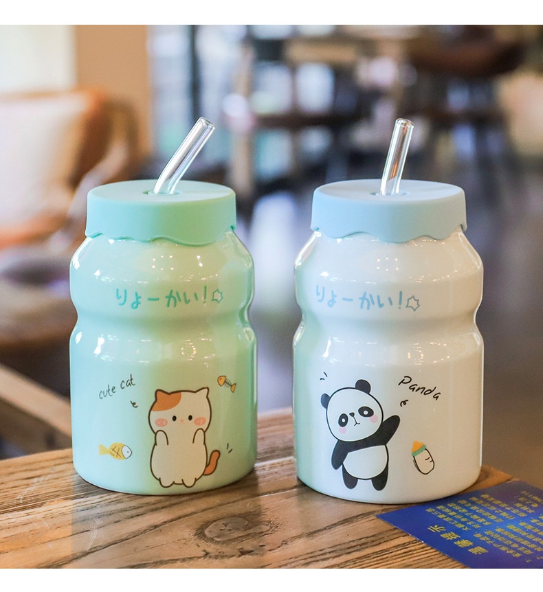 Cốc Sứ Cute 400ml Kèm Ống Hút Thủy Tinh