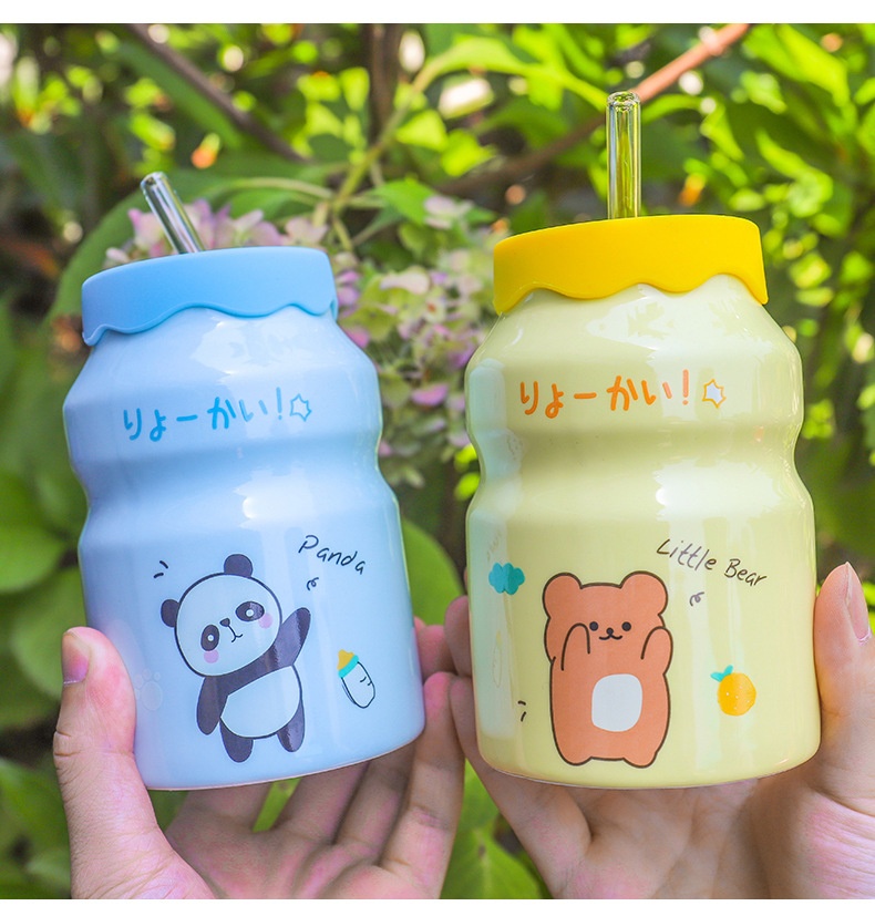 Cốc Sứ Cute 400ml Kèm Ống Hút Thủy Tinh