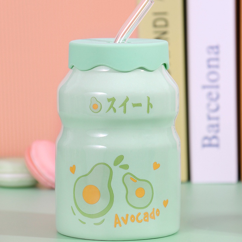 Cốc Sứ Cute 400ml Kèm Ống Hút Thủy Tinh