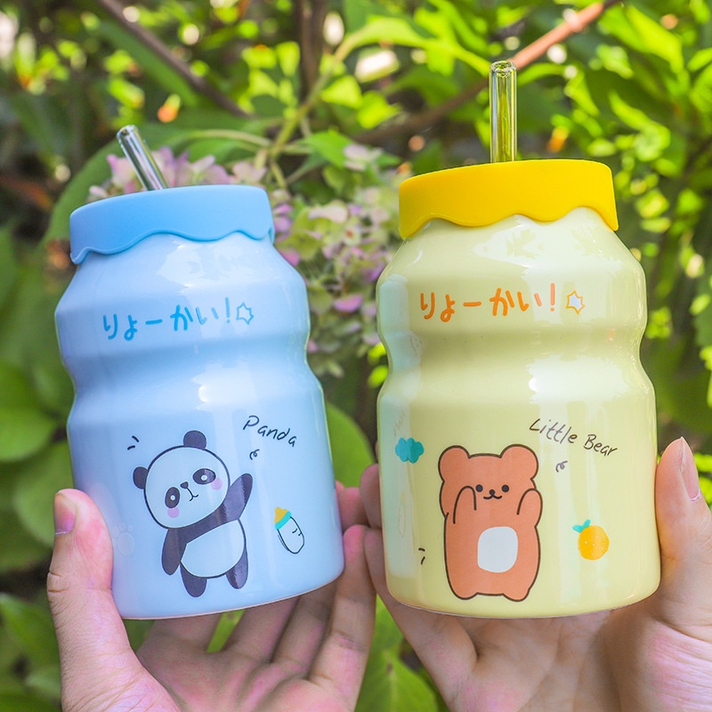 Cốc Sứ Cute 400ml Kèm Ống Hút Thủy Tinh