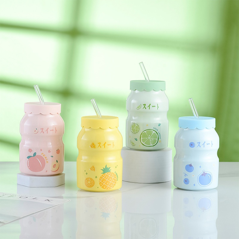 Cốc Sứ Cute 400ml Kèm Ống Hút Thủy Tinh