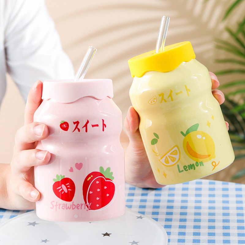 Cốc Sứ Cute 400ml Kèm Ống Hút Thủy Tinh