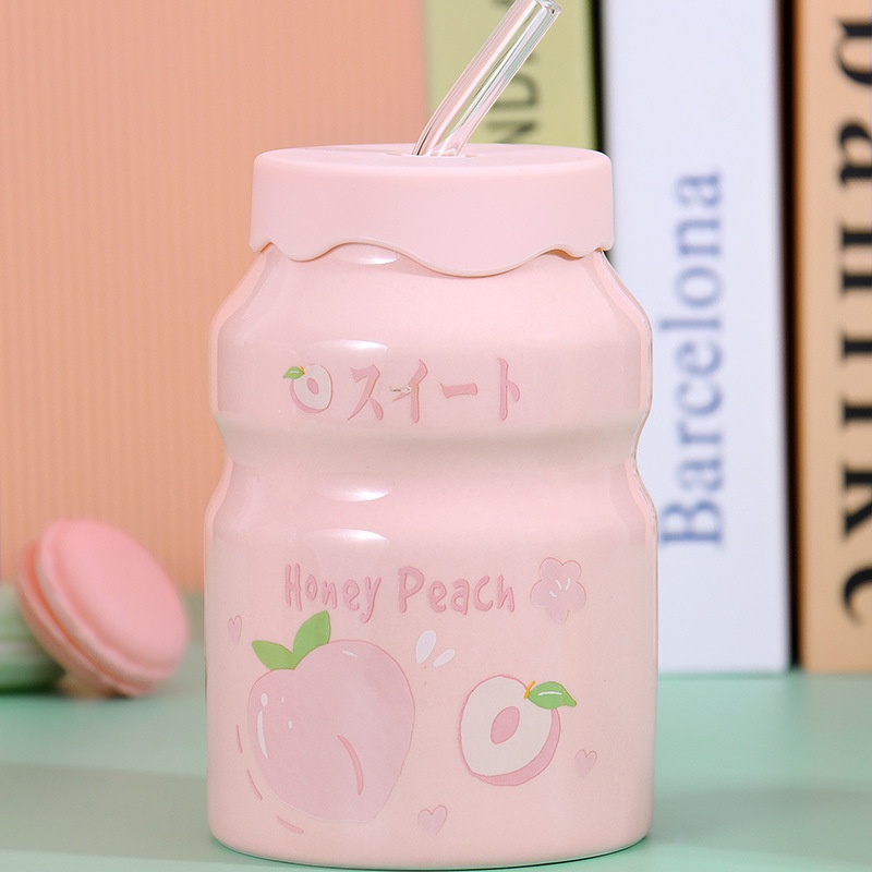 Cốc Sứ Cute 400ml Kèm Ống Hút Thủy Tinh