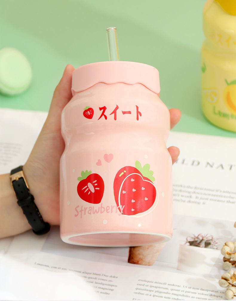 Cốc Sứ Cute 400ml Kèm Ống Hút Thủy Tinh