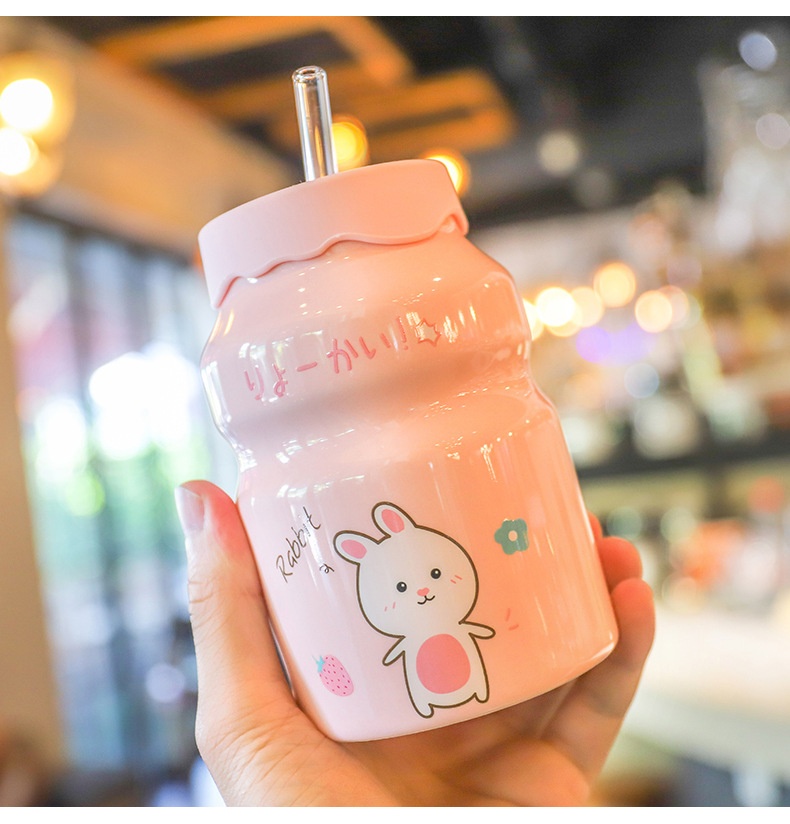 Cốc Sứ Cute 400ml Kèm Ống Hút Thủy Tinh