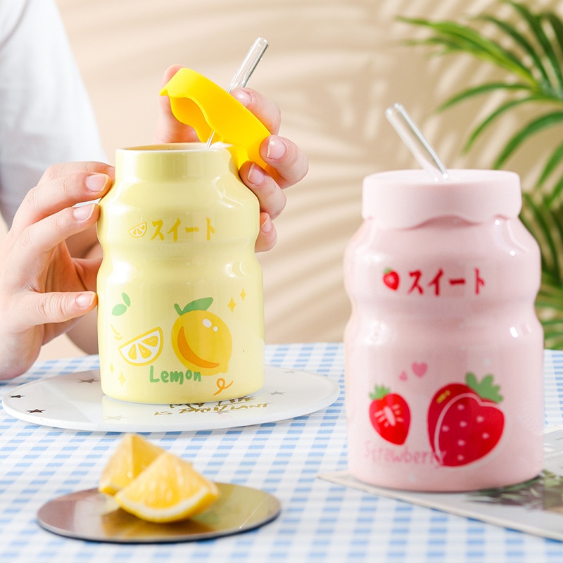 Cốc Sứ Cute 400ml Kèm Ống Hút Thủy Tinh