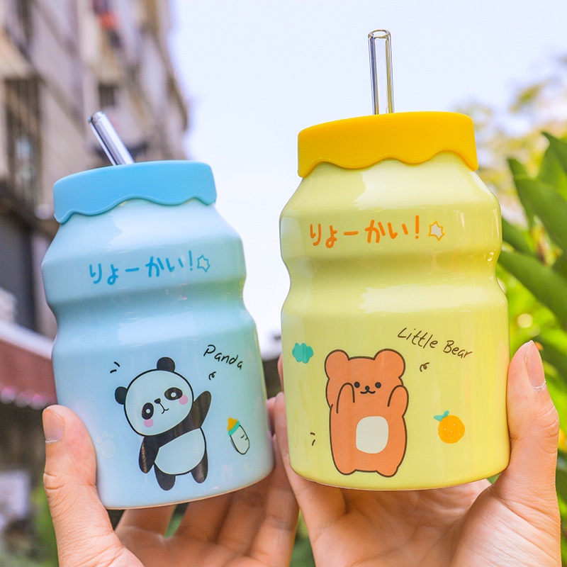 Cốc Sứ Cute 400ml Kèm Ống Hút Thủy Tinh