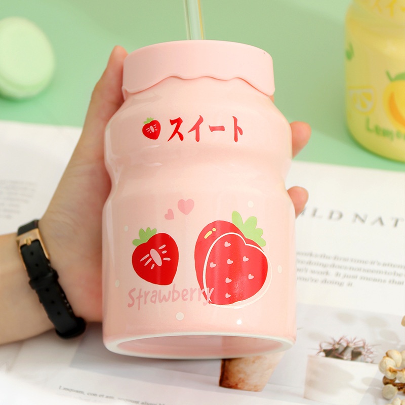 Cốc Sứ Cute 400ml Kèm Ống Hút Thủy Tinh