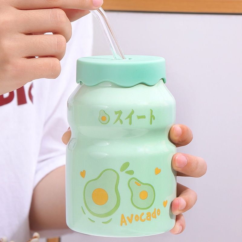 Cốc Sứ Cute 400ml Kèm Ống Hút Thủy Tinh