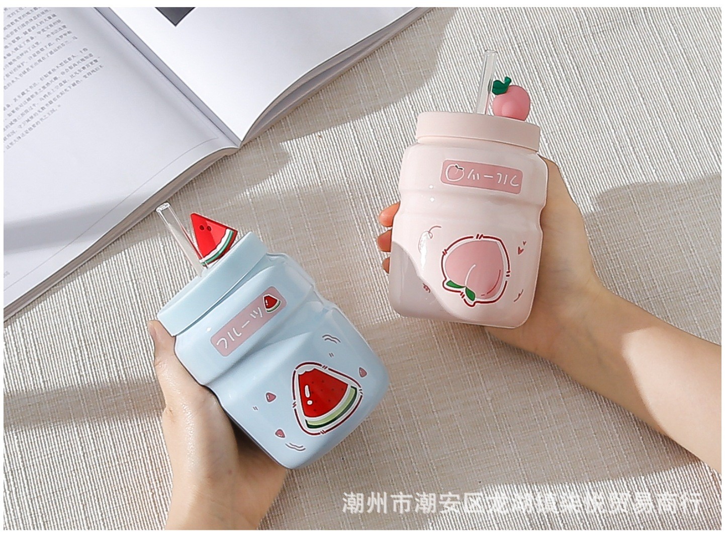 Cốc Sứ Cute 400ml Kèm Ống Hút Thủy Tinh