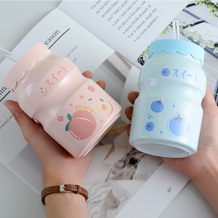 Cốc Sứ Cute 400ml Kèm Ống Hút Thủy Tinh