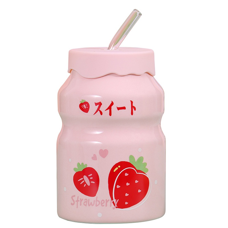 Cốc Sứ Cute 400ml Kèm Ống Hút Thủy Tinh