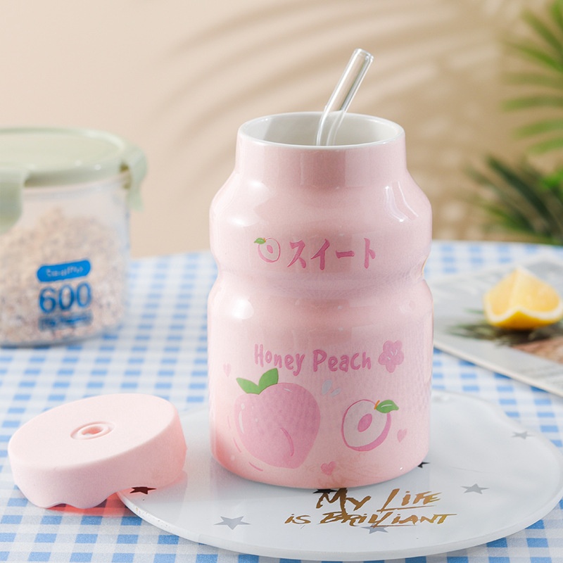 Cốc Sứ Cute 400ml Kèm Ống Hút Thủy Tinh