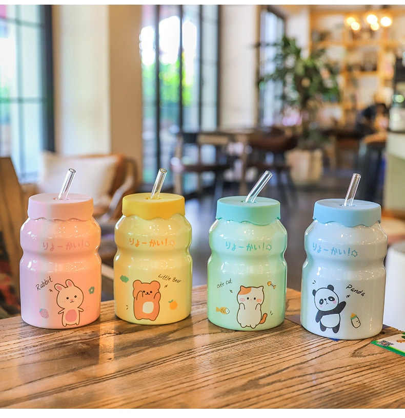 Cốc Sứ Cute 400ml Kèm Ống Hút Thủy Tinh