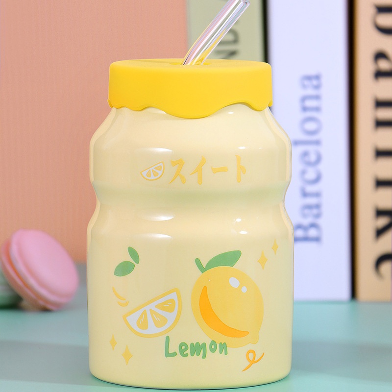 Cốc Sứ Cute 400ml Kèm Ống Hút Thủy Tinh