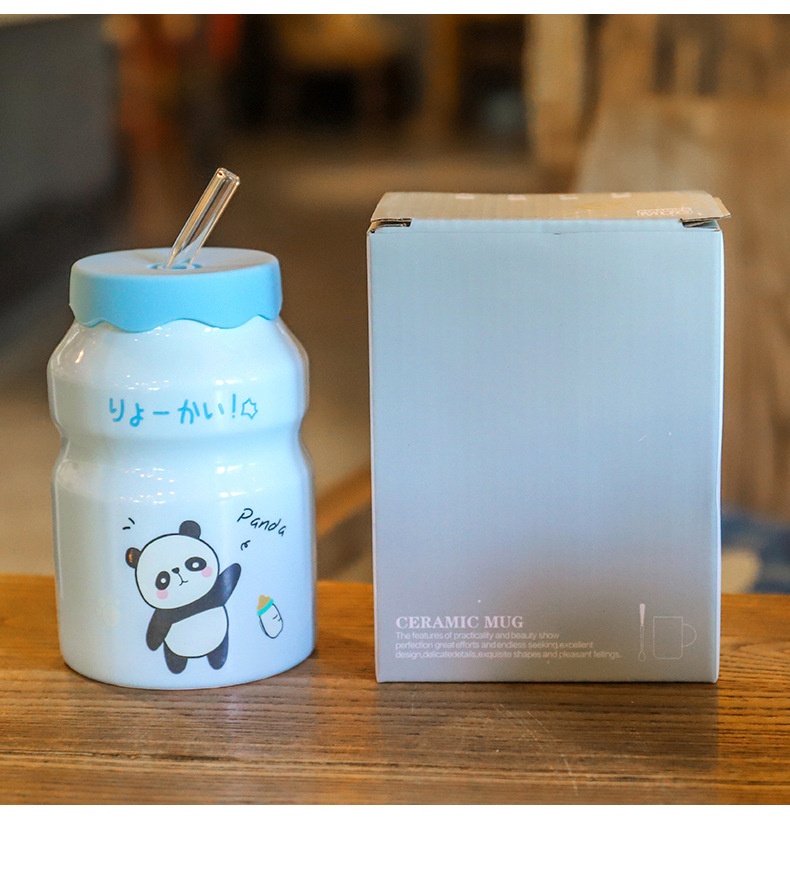 Cốc Sứ Cute 400ml Kèm Ống Hút Thủy Tinh