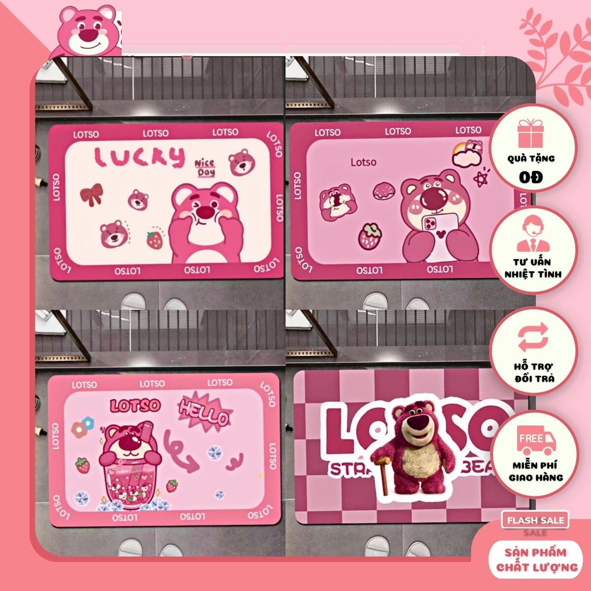 Thảm Chân Gấu Dâu LOTSO 60x40cm(Loại Vải,Đế Chống Trượt)