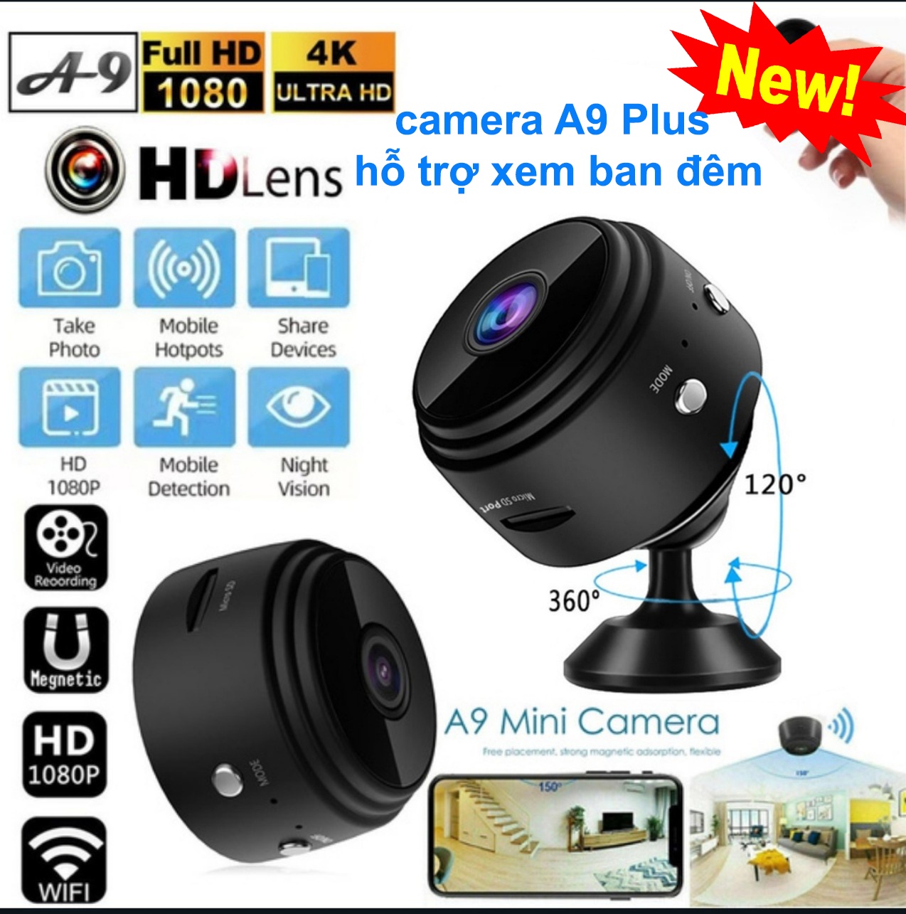 Camera An Ninh Wifi A9 Full HD Nhỏ Gọn Siêu Rẻ(Lắp Được Thẻ Nhớ)Màu Đen Hoặc Trắng Ngẫu Nhiên
