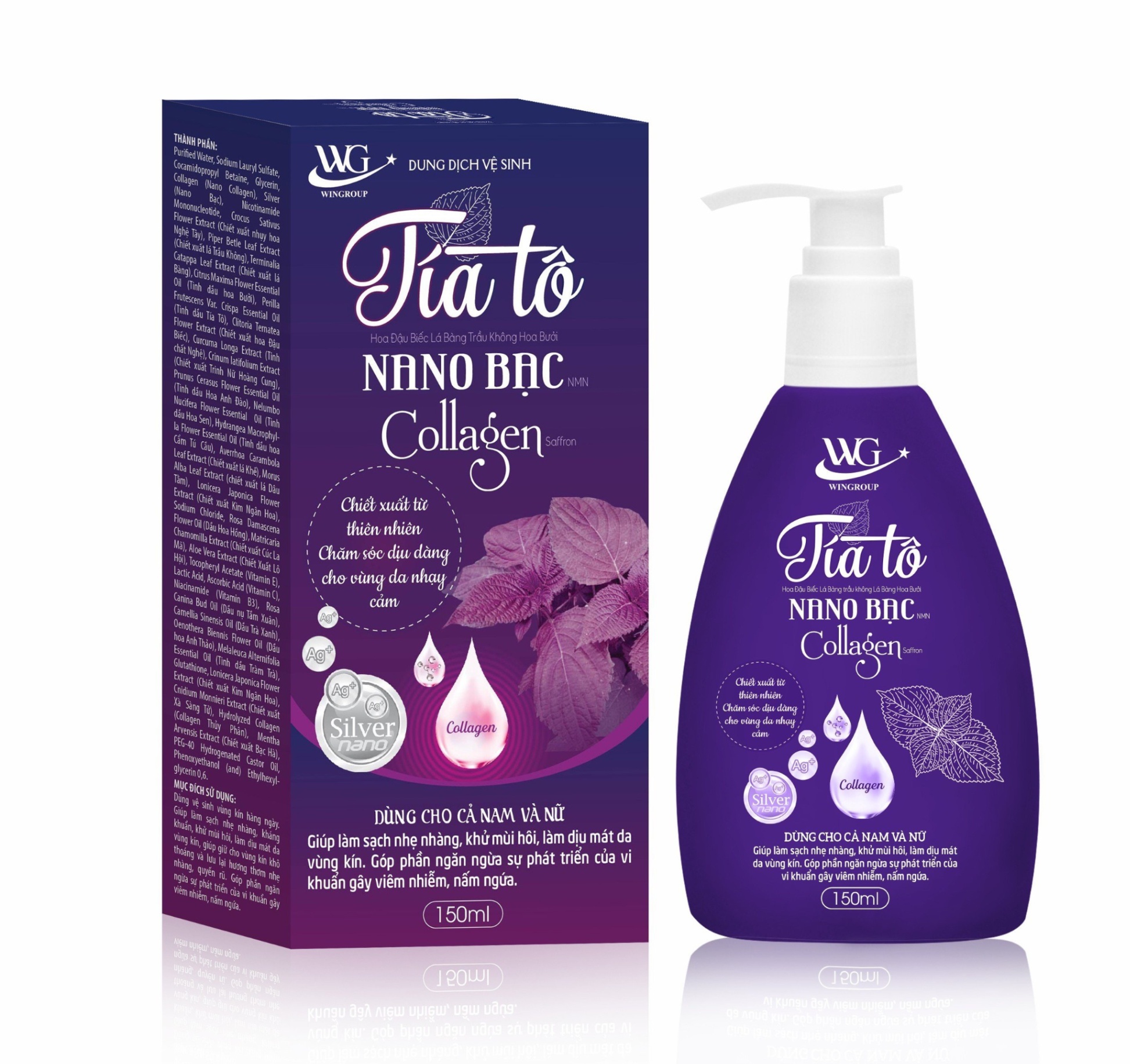 Dung Dịch Vệ Sinh Tía Tô Nano Bạc Collagen 150ml ( Chai Dẹp Tím )