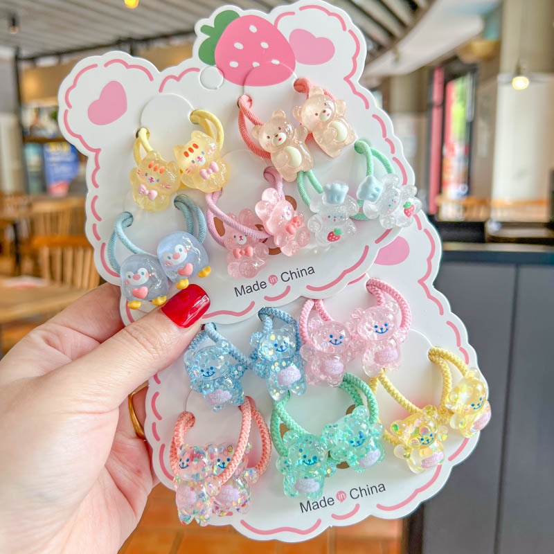 Set 10 Dây Buộc Tóc HOẠT HÌNH THÚ TRÁI CÂY CUTE Cho Bé Gái ( Vỉ Giấy Mặt Gấu )