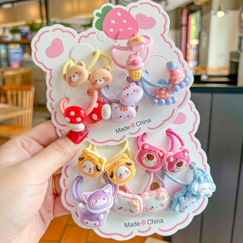 Set 10 Dây Buộc Tóc HOẠT HÌNH THÚ TRÁI CÂY CUTE Cho Bé Gái ( Vỉ Giấy Mặt Gấu )