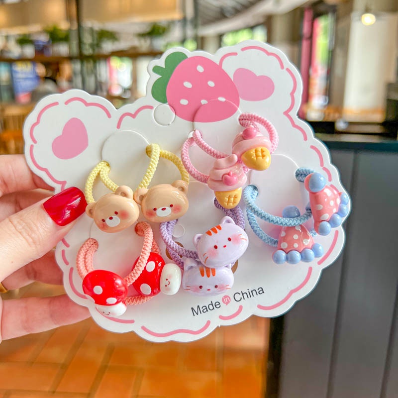 Set 10 Dây Buộc Tóc HOẠT HÌNH THÚ TRÁI CÂY CUTE Cho Bé Gái ( Vỉ Giấy Mặt Gấu )
